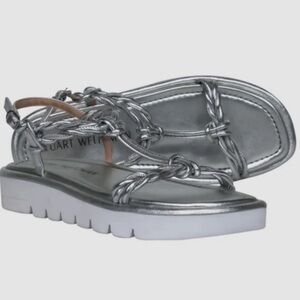 Stuart Weizman Silver Metallic Braided Strap Platform Sandals